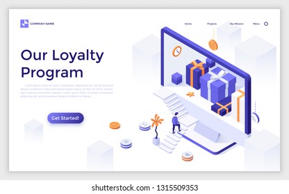 Landing page with giant computer display with gift boxes inside and customer ascending stairs. Online store or shop loyalty program with bonuses or rewards. Modern isometric vector illustration.