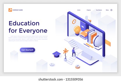 Landing page with giant computer display with books inside and man or student ascending stairs. Distant education for everyone, online learning, internet courses. Modern isometric vector illustration.