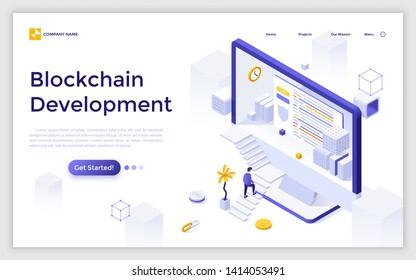 Landing page with giant computer display, man ascending stairs and bitcoin. Blockchain or cryptocurrency technology development. Modern isometric vector illustration for web service advertisement.