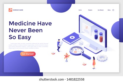 Landing page with giant computer display and tiny people with pills. Medicine, medical analysis and research. Isometric design template. Modern vector illustration for online diagnostics service.