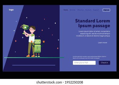 Landing page with giant computer display with books inside and man or student ascending stairs. Website template design. Modern vector illustration concept of web page design