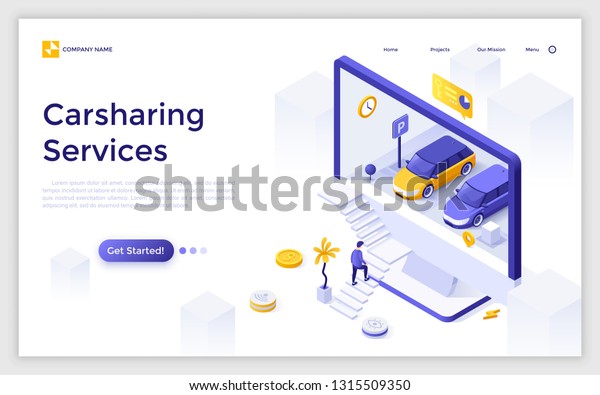 Landing page giant computer display with\
automobiles on parking and customer ascending stairs. Carsharing or\
car rental service. Modern isometric vector illustration for\
website,\
advertisement.
