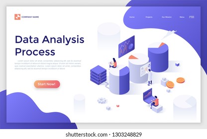 Landing page with giant diagrams or charts and people analyzing statistical or financial information. Big data analysis process. Creative isometric vector illustration for website, advertisement.