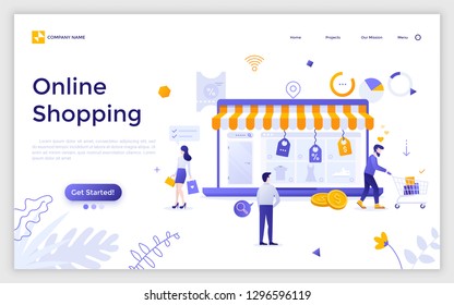 Landing page with giant laptop with internet store website on screen and customers buying products and carrying purchases. Online shopping. Creative flat vector illustration for advertising, website.