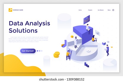 Landing page with giant pie chart and analysts analyzing statistical or financial information. Big data analysis solutions. Modern isometric vector illustration for website, web page, advertisement.