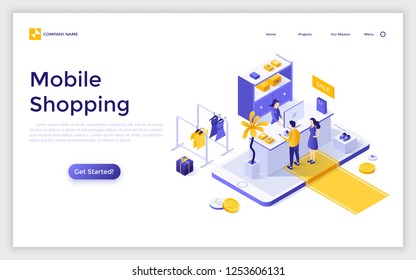 Landing page with giant smartphone, people buying goods online and place for text. Mobile shopping. Modern isometric vector illustration for advertisement, promotion of application for internet store.