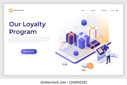 Landing page with gift boxes, giant smartphone and man making order at online store. Isometric vector illustration for advertisement, promotion of internet shop loyalty program for regular customers.