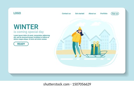 Landing Page Girl in hat and warm clothes to bring a gift on sled. Flat illustration isolated character on white background. Walking Outdoors house, holiday mood