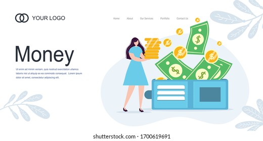 Landing page Girl girl holds coins. Savings and investing money. Finance, Investment. woman take Money. for Jar Making Saving, Deposit Web Page Banner. Cartoon Flat Vector Illustration,