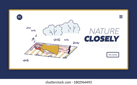 Landing page with girl relaxing listen to music while lying on blanket in park. Woman enjoy music with closed eyes outdoors. Cartoon female character relaxation. Linear vector illustration