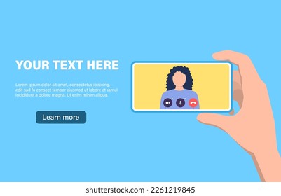 Landing page of a girl talking while holding a phone. The concept of virtual conversations