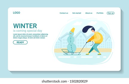 Landing page Girl in warm clothes makes a snowman and lugs him on sled. Flat illustration isolated character on white background. Walking Outdoors house, holiday mood