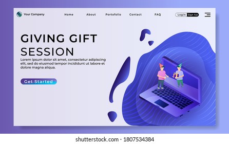 Página de inicio de la sesión de regalo con concepto de diseño plano de laptop isométrica. El acto de dar sesión. Carácter simple con conjunto de vector de fondo magenta.