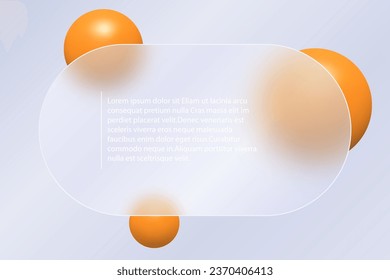 Landing Page Glasmorphismus mit abgerundetem Rahmen. Vektorgrafik mit unscharfen, schwebenden Kugeln in orangefarbener Farbe.