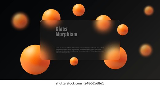 Landing page in Glass morphism style with frame. Vector illustration with blurred floating spheres in orange color