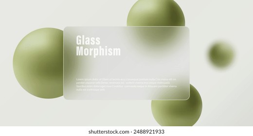 Landing page in glass morphism style with frame. Illustration with blurry floating beige spheres.