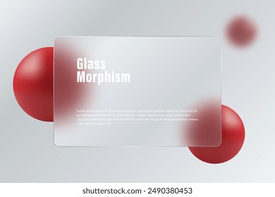 Landing page in glass morphism style. Illustration with blurry floating red spheres and glass translucent frame.