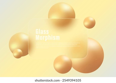 Landing page in glass morphism style, transparent frosted glass partition with golden spheres on light background.