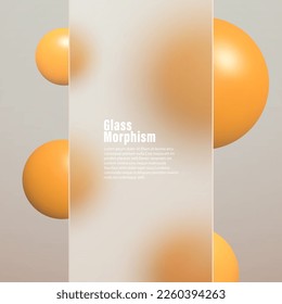 Landing page Glassmorphism rectangular frame. Vector illustration with blurry floating spheres in orange color.