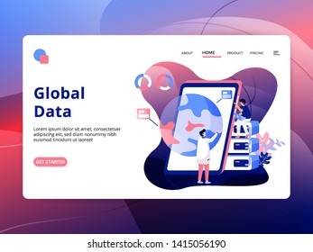 Landing page Global Data is a modern style, the concept of people discussing in front of smartphones, can be used for landing pages, web, UI, banners, templates, backgrounds, posters - Vector