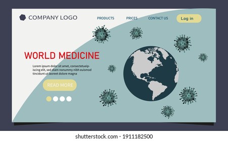Eine Landungsseite mit einem Globus und Elementen aus dem Koronavirus. Eine Illustration für medizinische, wissenschaftliche Projekte, Zeitschriften, Blogs, Websites. Vektorgrafik, EPS10.