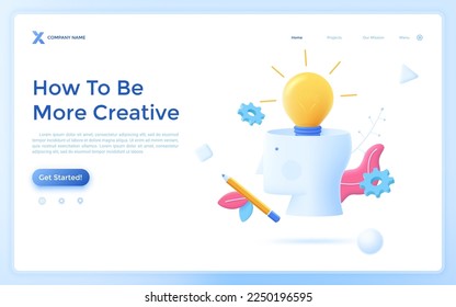 Landing page with glowing lightbulb inside human head, gearwheels, pencil. Concept of creative idea generation, isight or breakthrough, innovative discovery. 3D cartoon website template