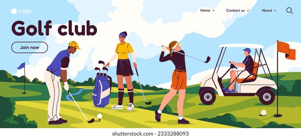 Landing page with golf club. Website with smiling people golfer and sports. Horizontal banner with happy characters playing on field with golf sticks in nature. Cartoon flat vector illustration