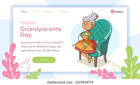 Landing page. Grandmother in a chair knits socks. Vector illustration