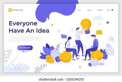 Landing page with group of employees with laptops working on startup project and giant lightbulbs. Concept of teamwork, innovative business idea, brainstorming. Flat vector illustration for website.