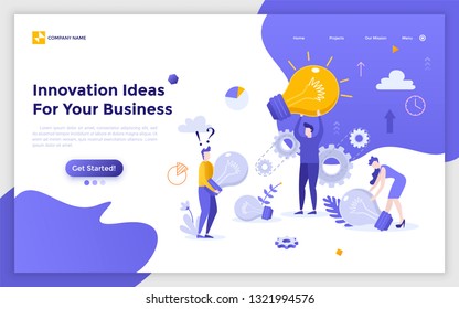 Landing page with group of people, clerks or office workers carrying giant light bulbs. Innovative ideas for business, creativity and brainstorming, insight at work. Modern flat vector illustration.