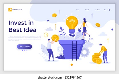 Landing page with group of people, managers or investors cultivating light bulb growing in giant pot. Invest in best ideas, innovative investment and financial profit. Modern flat vector illustration.