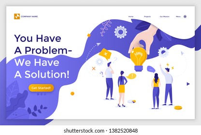 Landing page with group of people, managers or office workers standing around light bulb and thinking over business idea. Brainstorming and problem solving. Flat vector illustration for website.