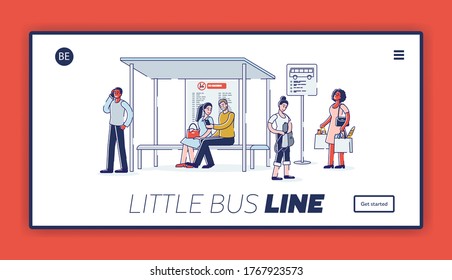 Landing page with group of people on bus station. Diverse cartoon characters waiting for bus on station with bench and timetable. Urban municipal transportation company. Linear vector illustration