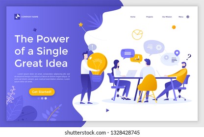 Landing page with group of people sitting around table and working and man holding giant light bulb. Concept of new business idea presentation. Modern isometric vector illustration for advertisement.