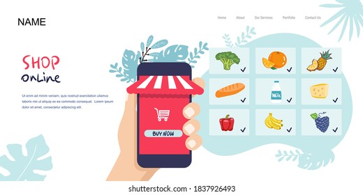 Landing page, hand holds phone. Shop, supermarket online. Selection of products. Food delivery. flat style. Vector illustration, healthy food, vegetables fruits. for web banner, webstore,infographics