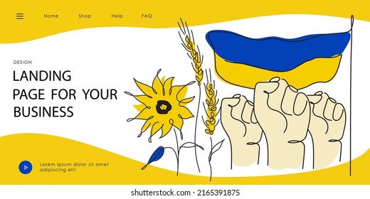 Landing page with hands, fist and Ukraine traditional flower, wheat, sunflower. Vector illustration global politics, NO WAR in Ukraine, aggression problem picture in continuous line art style