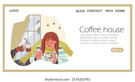 Landing page Hands holding coffee, tea cups. Girls friends, couple drinking hot beverage, hand drawn. Breakfast gathering, meeting, indoor cafe. Hand drawn vector illustration. 