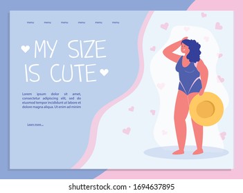 Landing Page with Happy Clubby Young Woman Wearing Swimsuit Holding Hat. Love Own Body. Self Acceptance. Figure Measurement and Size Admission. Positive Feminist Motivation. Vector Illustration