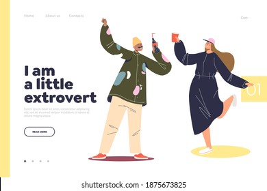 Landing page with happy extrovert couple dancing and drinking. Extroverted mind concept with man and woman celebrating holiday event or having fun at party. Cartoon flat vector illustration