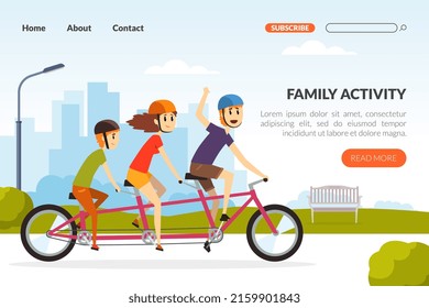 Landing Page with Happy Family Riding Bike Engaged in Weekend Activity Vector Illustration