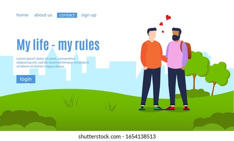 Landing page with happy gay family. Vector illustration