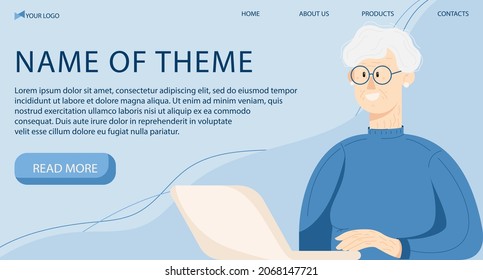 Landing page of happy grandma with laptop, female character in a flat style, video chat concept. Vector illustration