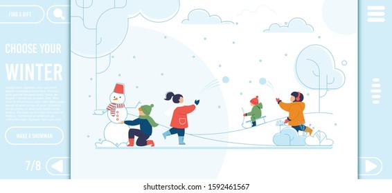 Landing Page with Happy Kids on Winter Walk Design. Online Service Offering Ideas for Active Rest in Snowy Yard, Park, Forest. Funny and Joyful Vacation on Holidays. Vector Flat Cartoon Illustration