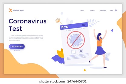Landing page with happy woman and document confirming COVID-19 status. Concept of negative PCR test result, laboratory diagnostics, viral infection detection. Modern flat vector illustration.