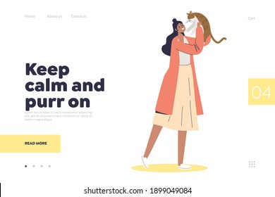 Landing page with happy woman holding cat. Taking kitten from animal shelter concept. Young girl with her cute pet. People and domestic animals. Flat vector illustration