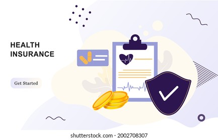 Landing page of health insurance. Concept of medical insurance and life insurance. Protection of health and life of people with document insurance. Healthcare, finance and medical service web design.