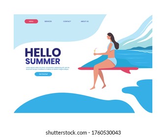 Landing page hello summer, illustration of woman on the beach
