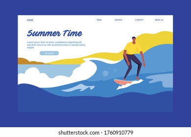 Landing page hello summer, illustration of a man surfing the beach. Perfect for, web site, mobile, landing page