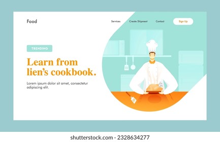 Landing Page or Hero Banner Design with Faceless Chef Character Presenting Roasted Chicken on Table for Learn From Lien's Cookbook.