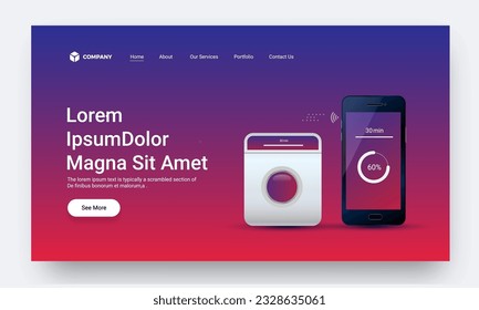 Landing Page or Hero Banner Design, Futurstic Washing Machine Connected with Smartphone on Gradient Blue and Red Background.